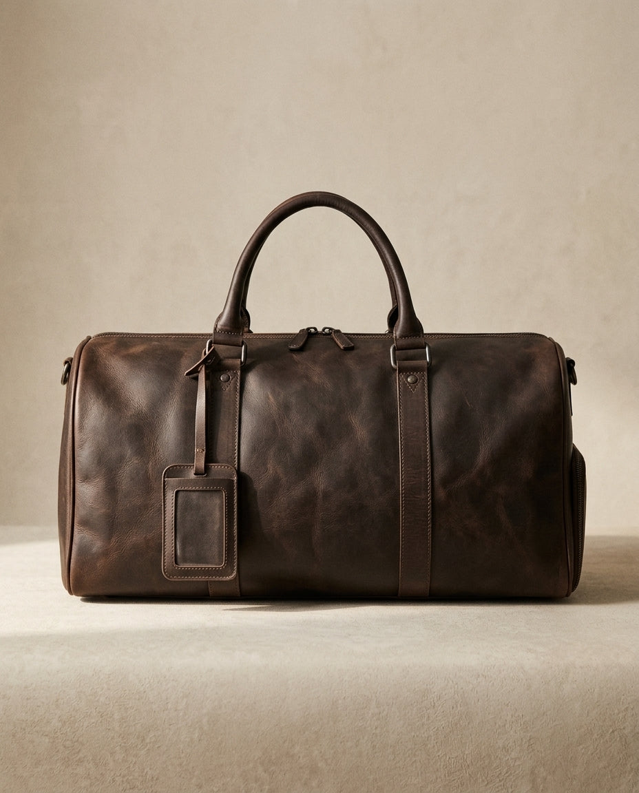 Bolso de viaje Andén de piel marrón, vista frontal de estudio
