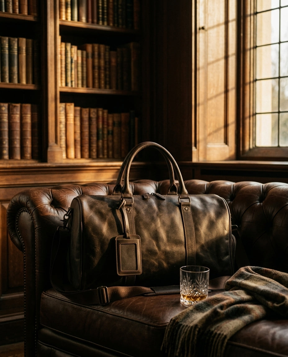 Bolso de viaje Andén sobre un sofá de piel en una biblioteca