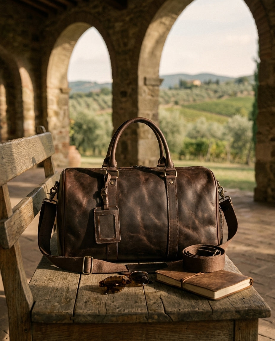 Bolso de viaje Andén sobre un banco de madera bajo unos arcos de piedra con vistas al campo