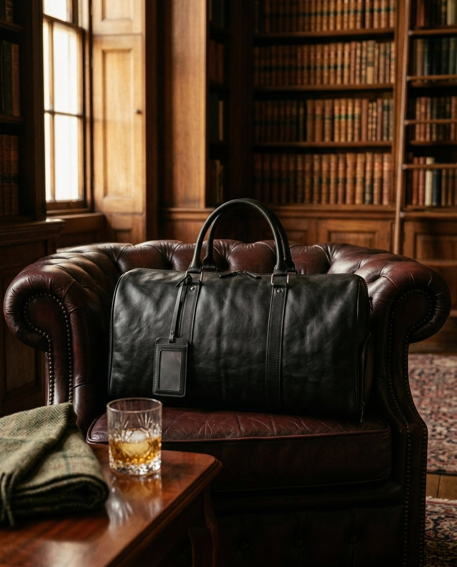 Bolso de viaje Andén negro sobre un sillón de piel en una biblioteca