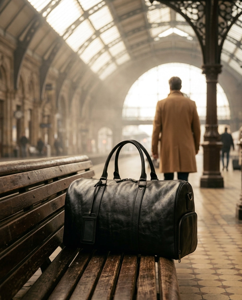 Bolso de viaje Andén negro sobre un banco en el andén de una estación de tren