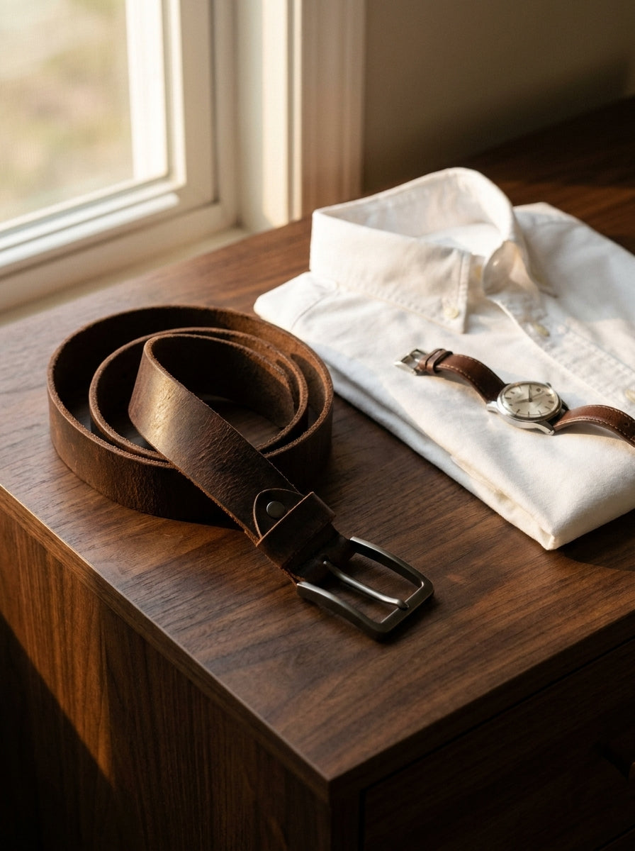 Cinturón Vía marrón sobre una cómoda de madera junto a una camisa blanca y un reloj