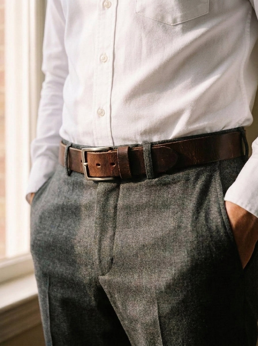 Cinturón Vía marrón puesto con camisa blanca y pantalón gris de lana