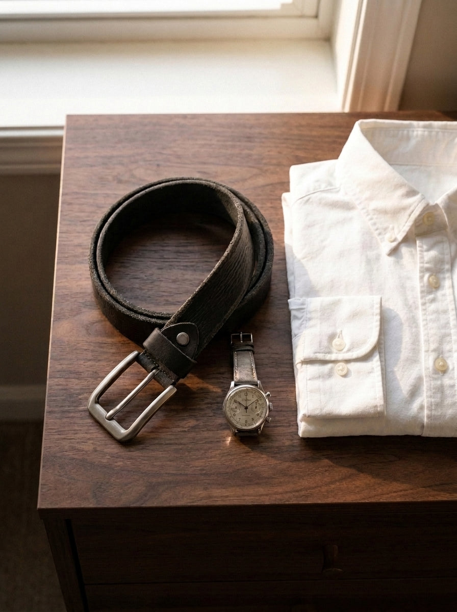 Cinturón Vía negro sobre una cómoda de madera junto a una camisa blanca y un reloj