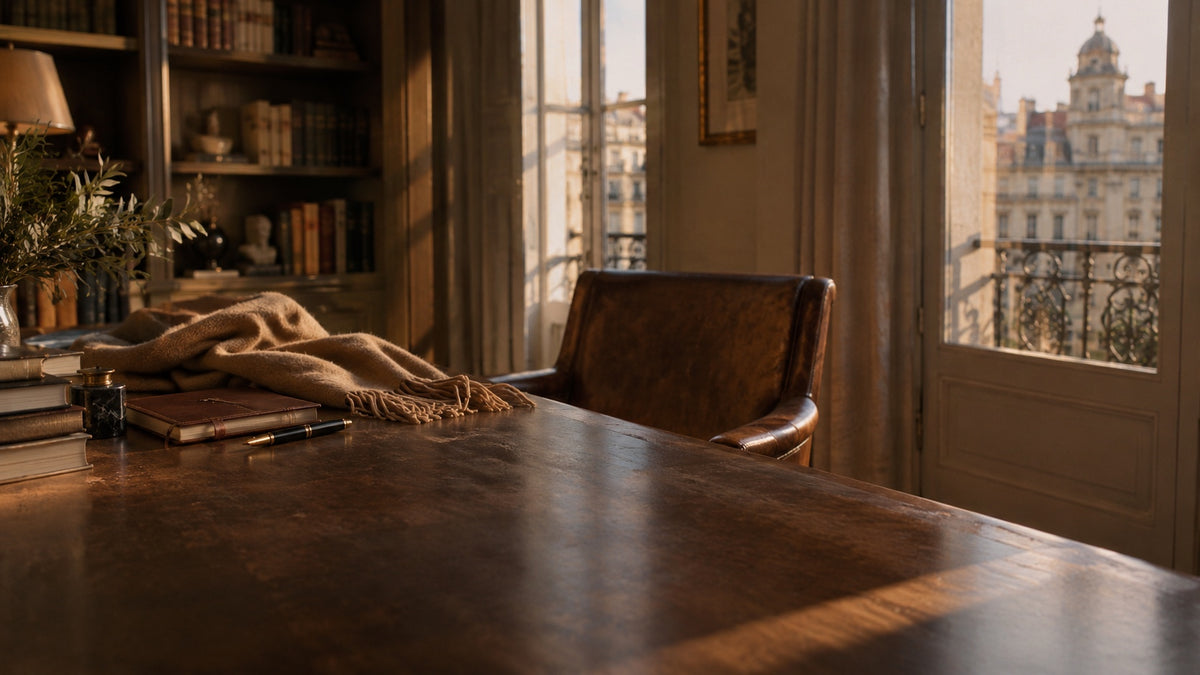 Estudio clásico con luz de tarde y vistas a un edificio de Madrid