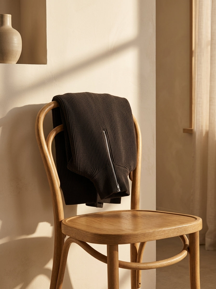 Jersey Mirador chocolate, colgado del respaldo de una silla de madera