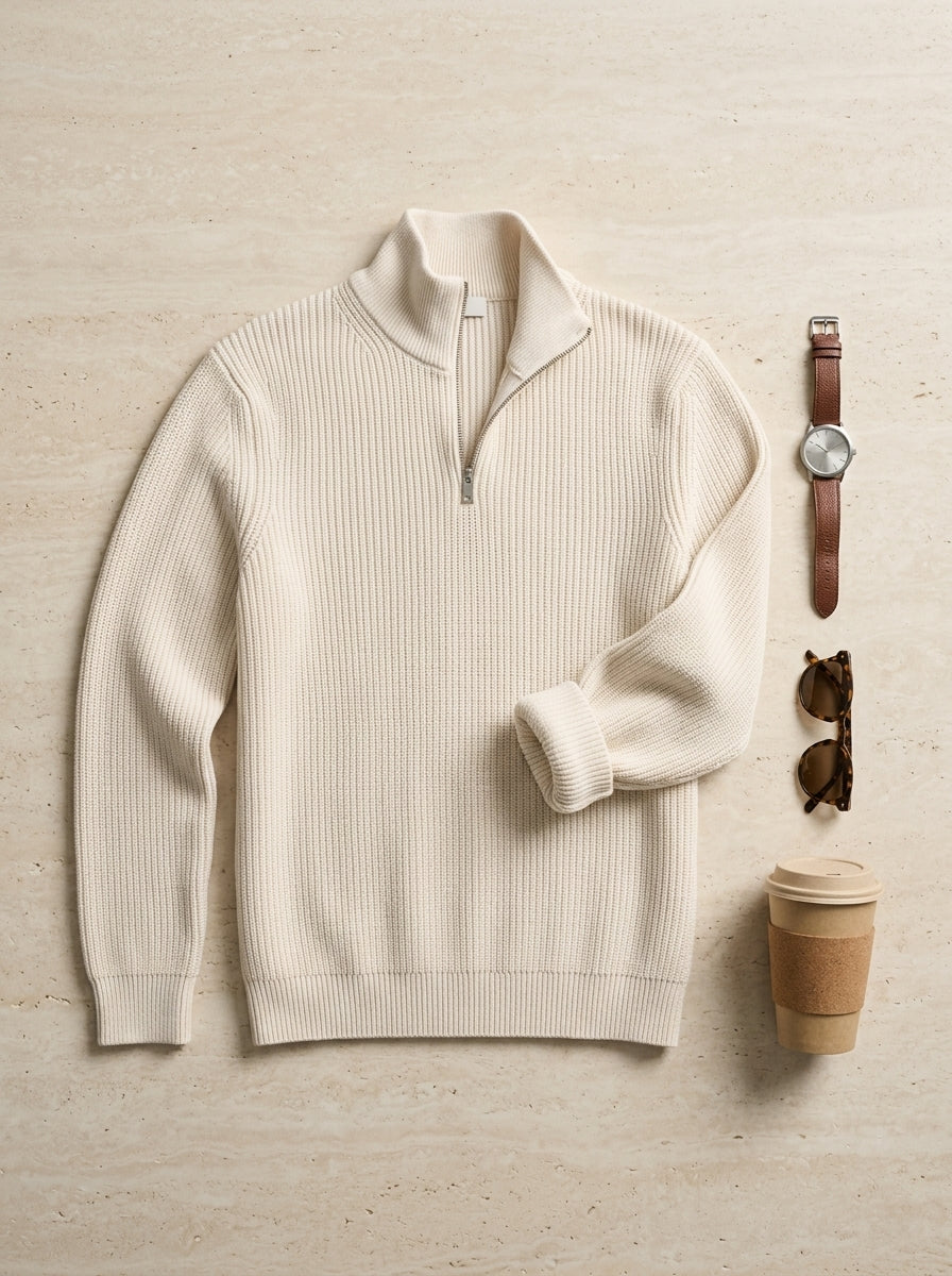 Jersey Mirador crema, extendido sobre piedra clara con reloj y gafas