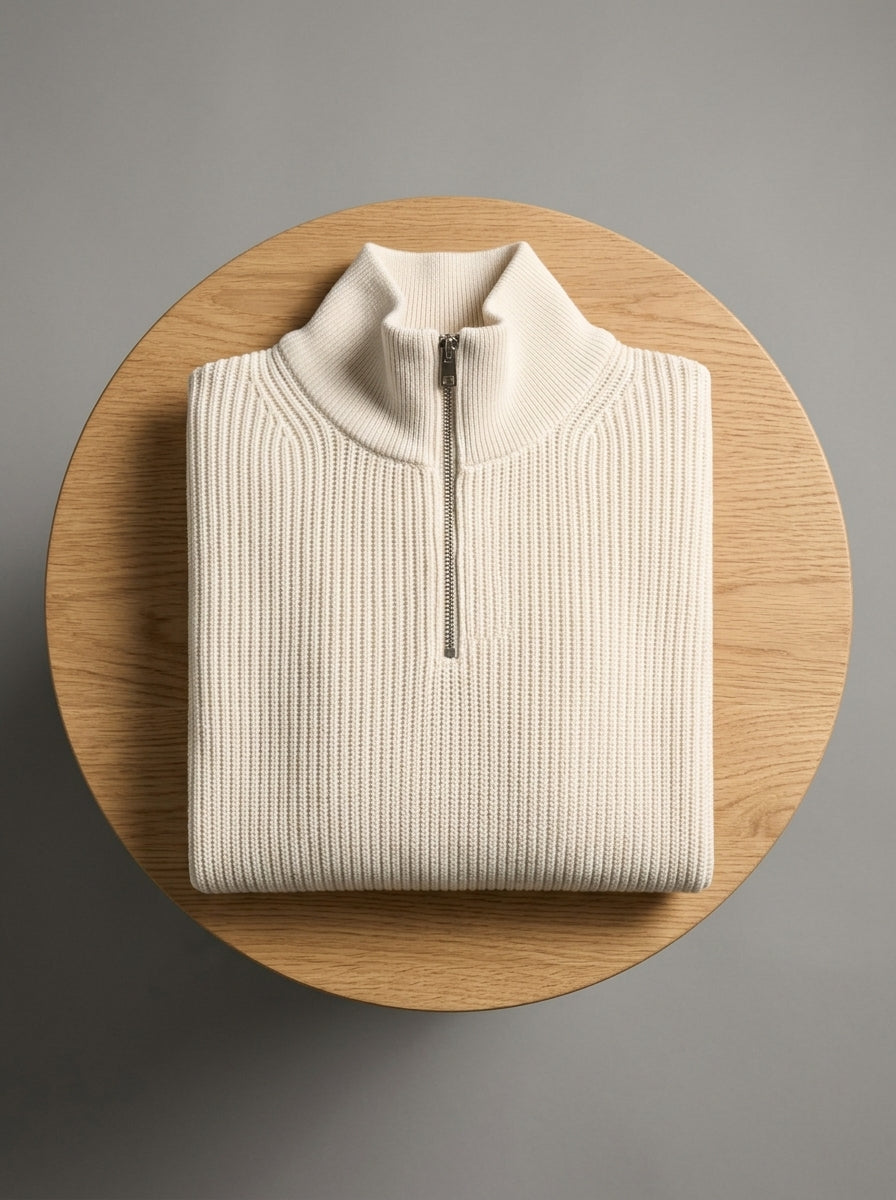 Jersey Mirador crema, doblado sobre un pedestal de madera