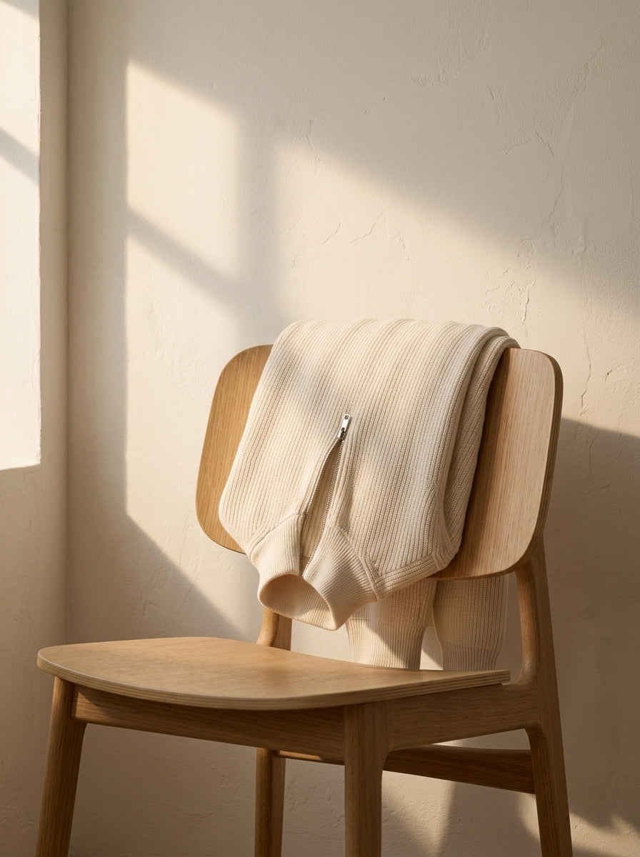 Jersey Mirador crema, colgado del respaldo de una silla de madera