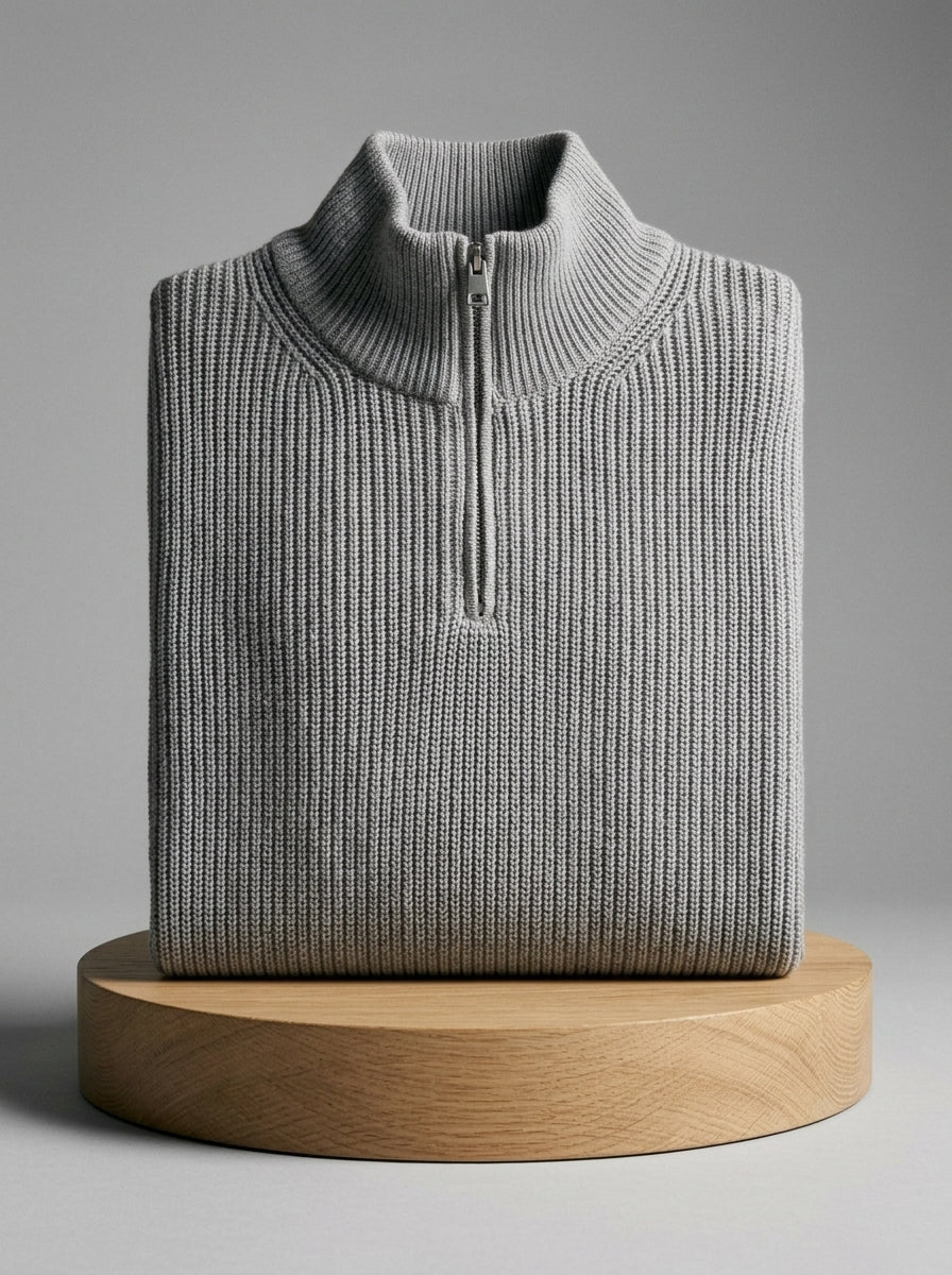 Jersey Mirador gris, doblado sobre un pedestal de madera