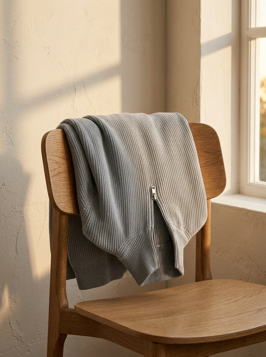 Jersey Mirador gris, colgado del respaldo de una silla de madera