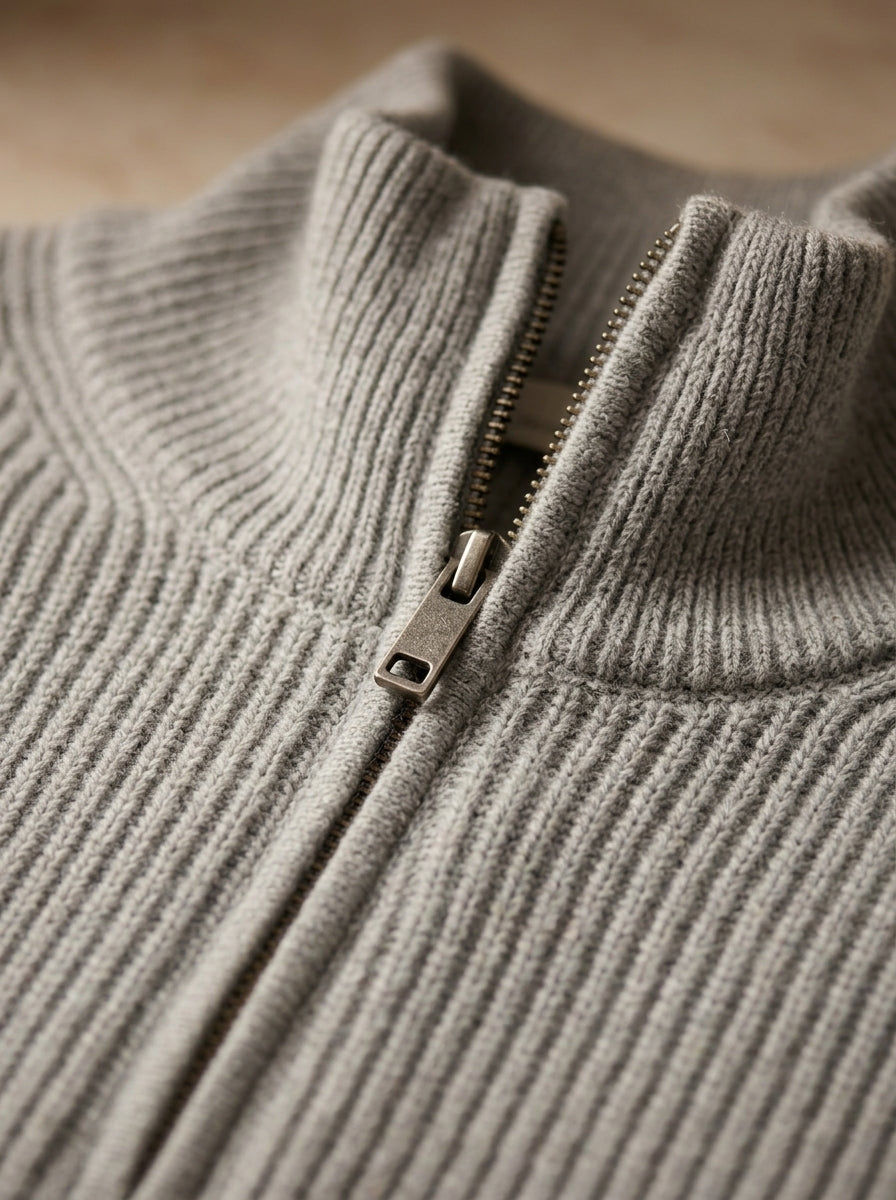 Jersey Mirador gris, detalle del cuello y la cremallera metálica