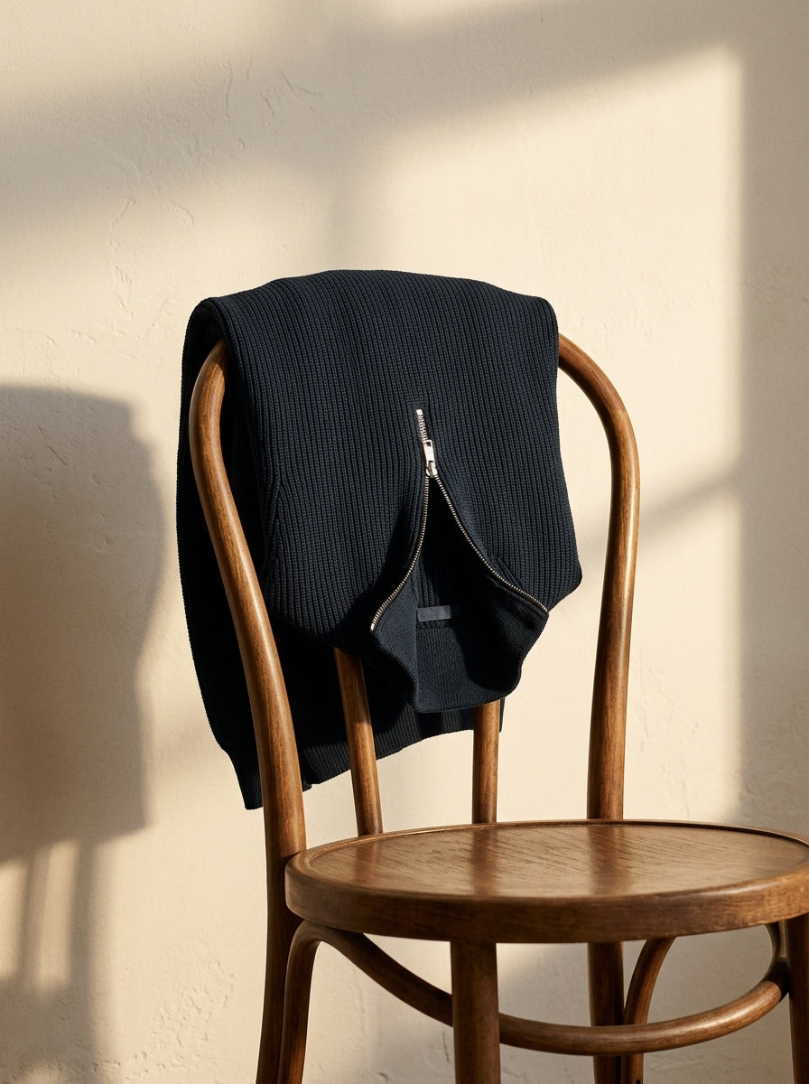 Jersey Mirador marino, colgado del respaldo de una silla de madera