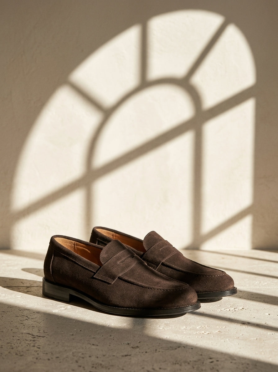 Mocasín Estribo de ante color chocolate sobre suelo de piedra con la sombra de una ventana