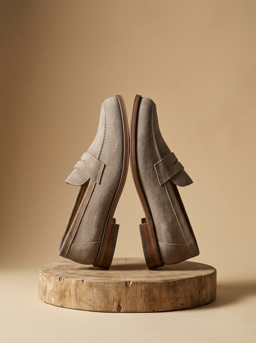 Mocasín Estribo de ante color piedra, los dos zapatos en equilibrio sobre un pedestal de madera
