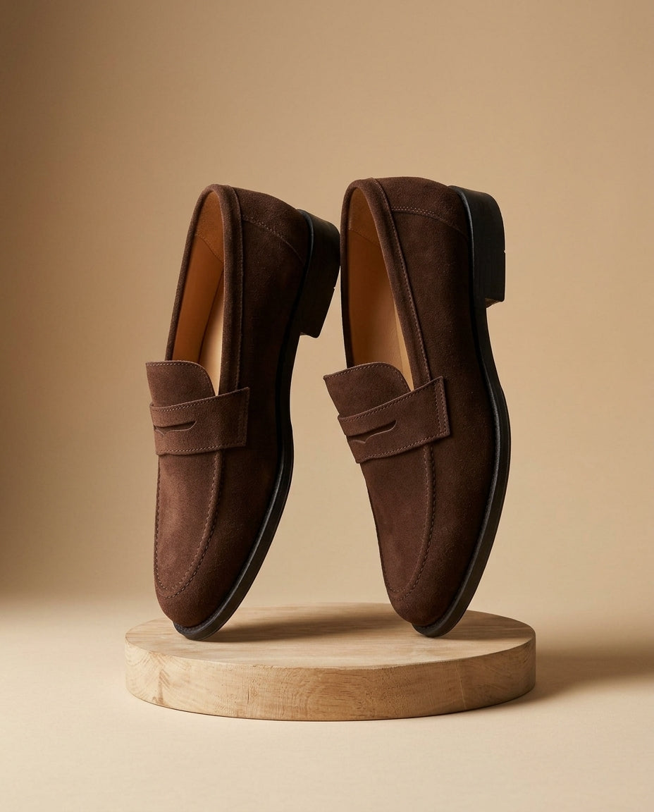 Mocasín Estribo de ante color tabaco, los dos zapatos en equilibrio sobre un pedestal de madera
