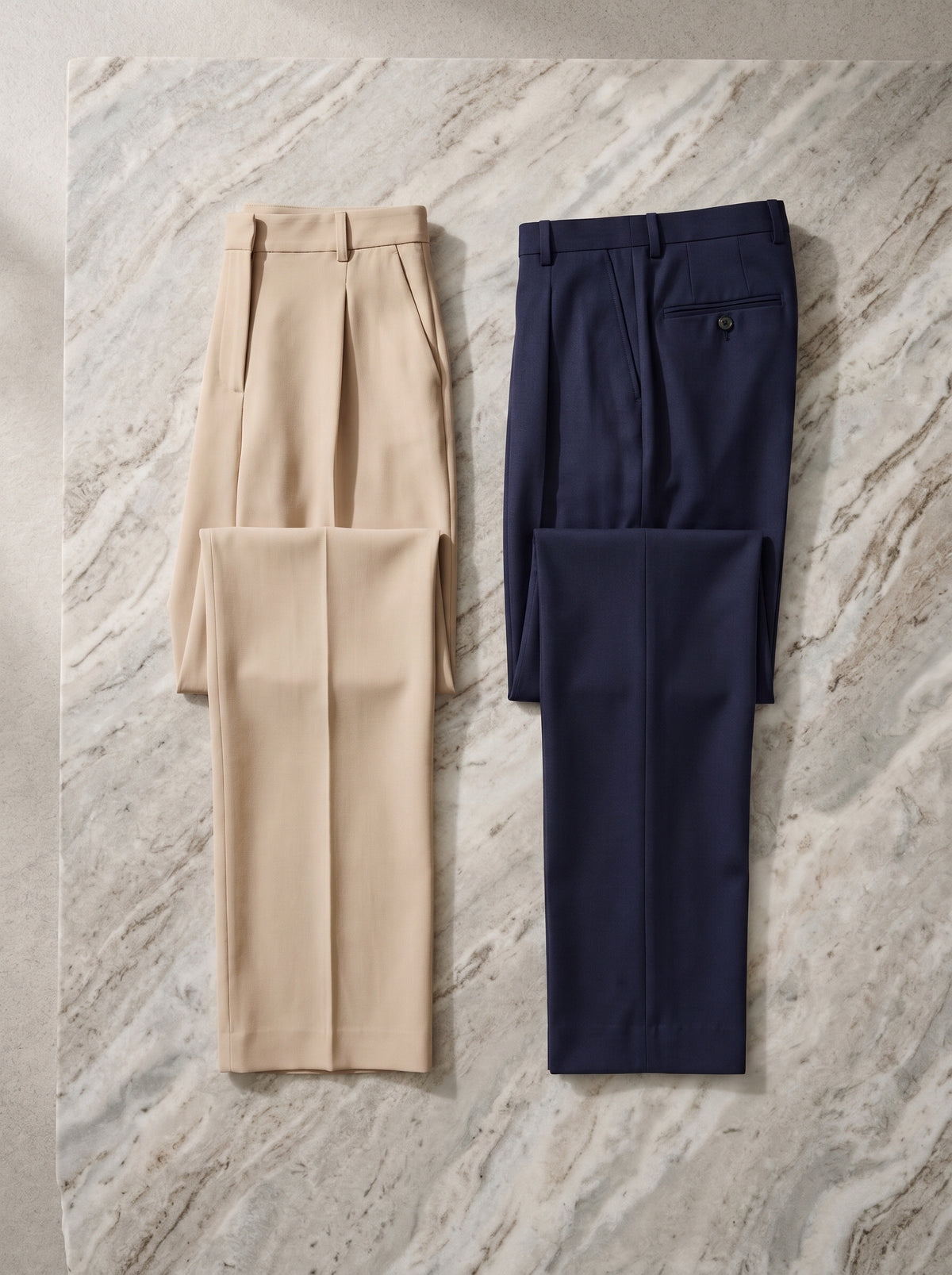 Pantalón de mujer crema y pantalón de hombre marino sobre piedra