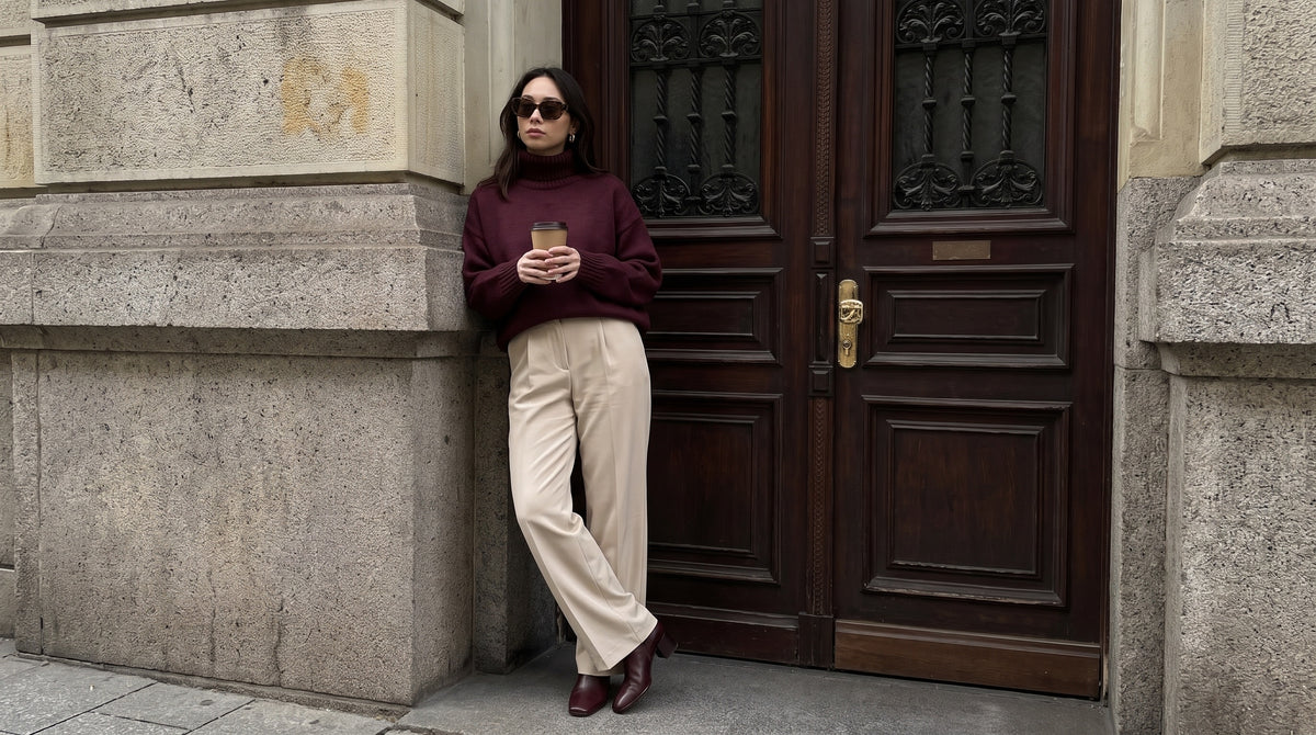 Mujer con jersey burdeos, pantalón crema y botines burdeos junto a una puerta antigua de madera
