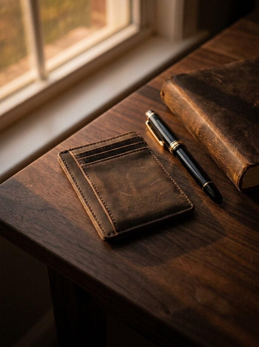 Tarjetero Taquilla sobre un escritorio de madera junto a una pluma y un cuaderno